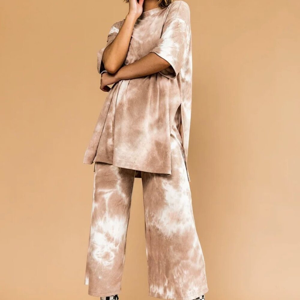 Dressed in LALA Rex Ribbed Playsuit - Iced Latte Tye Dye